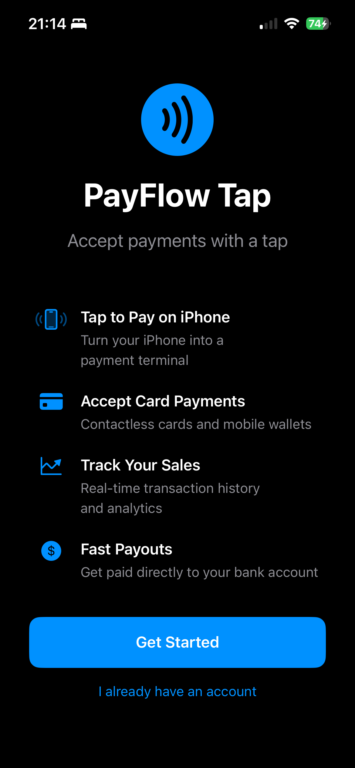 PayFlow Tap home screen